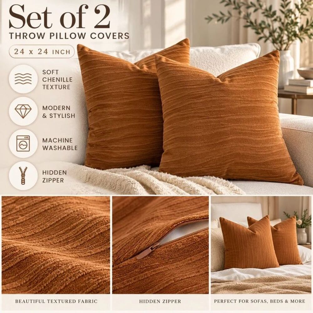 Rust Chenille Throw Pillow Covers 24x24 Set of 2 Textured Boho Modern Decor